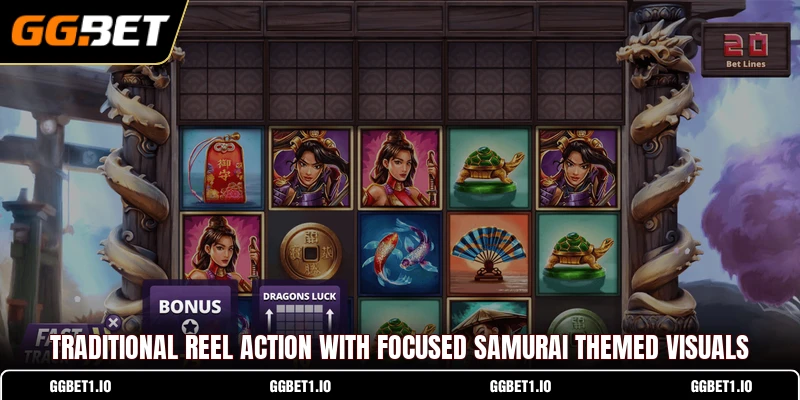 Traditional reel action with focused samurai themed visuals Traditional reel action with focused samurai themed visuals